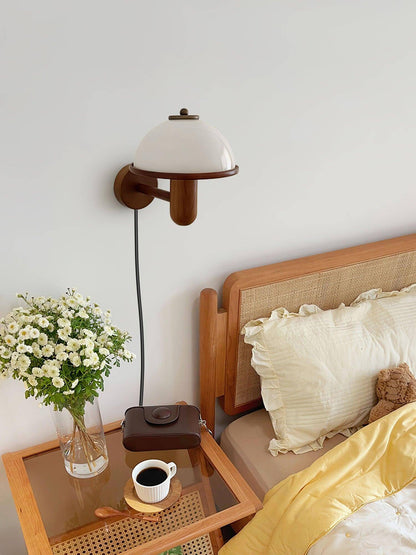 Rustic Wooden Fungi Wall Lamp with Cream Shade