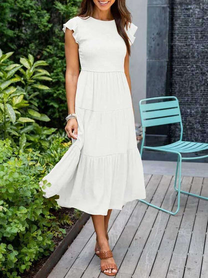 Ladies Floral Midi Dress with Ruffled Sleeves