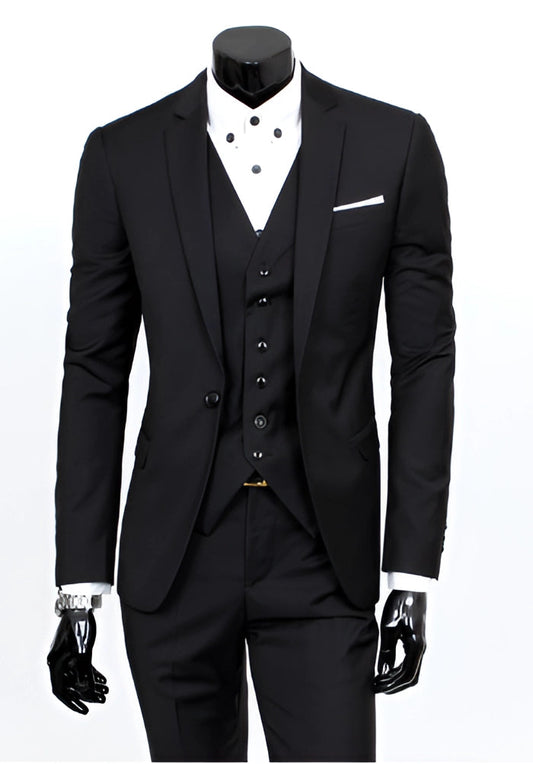 A black slim fit three-piece men's suit styled for wedding and business elegance, paired with a white dress shirt.