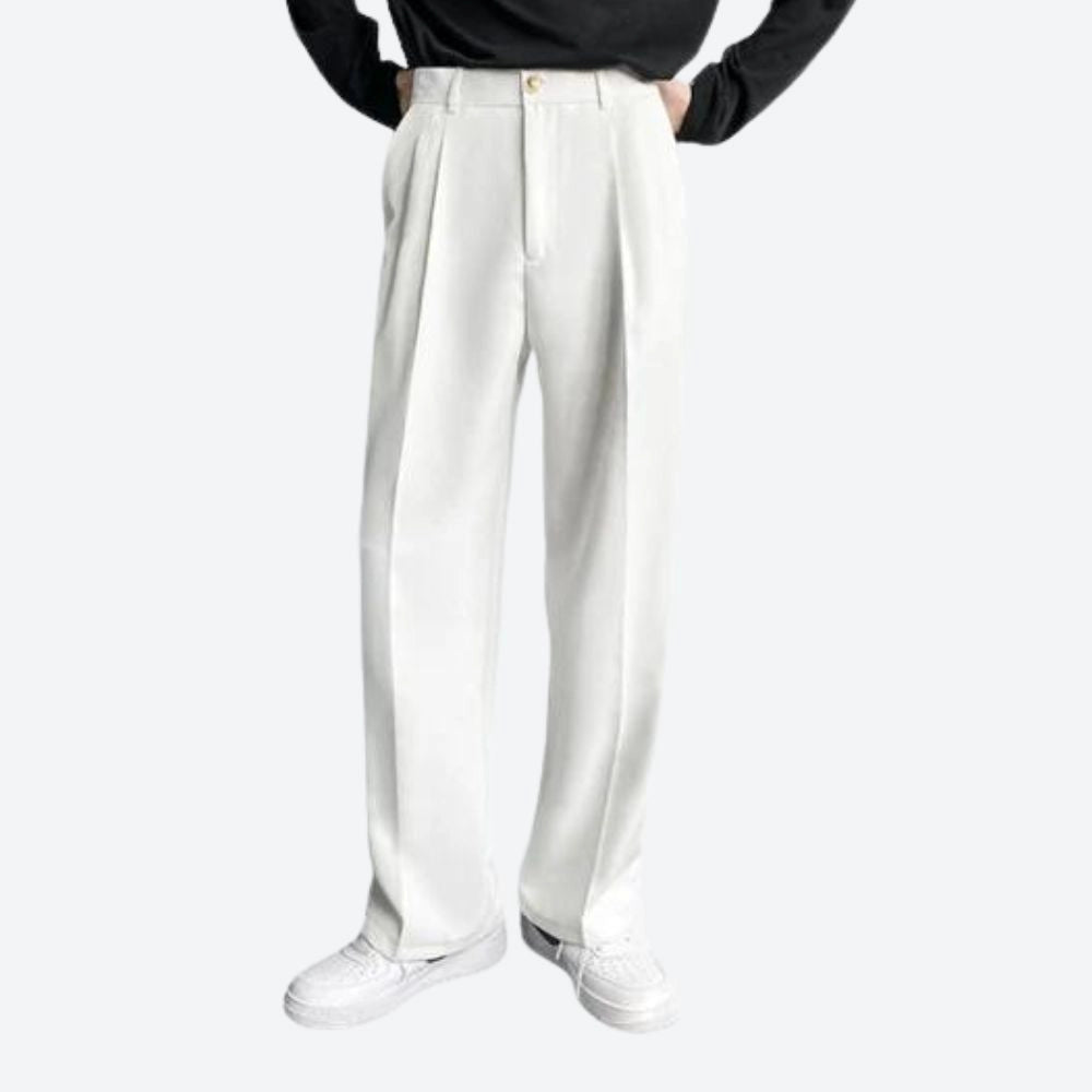 High-waist ivory wool men's dress trousers, shown in black, featuring a luxury formal winter design.