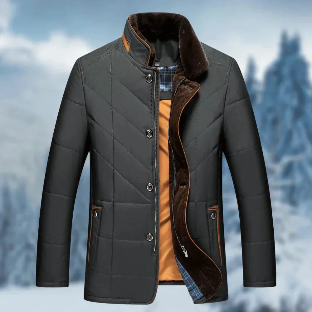 Men's insulated quilted thermal waterproof winter coat with fur collar, grey color, featuring long sleeves and button closure.