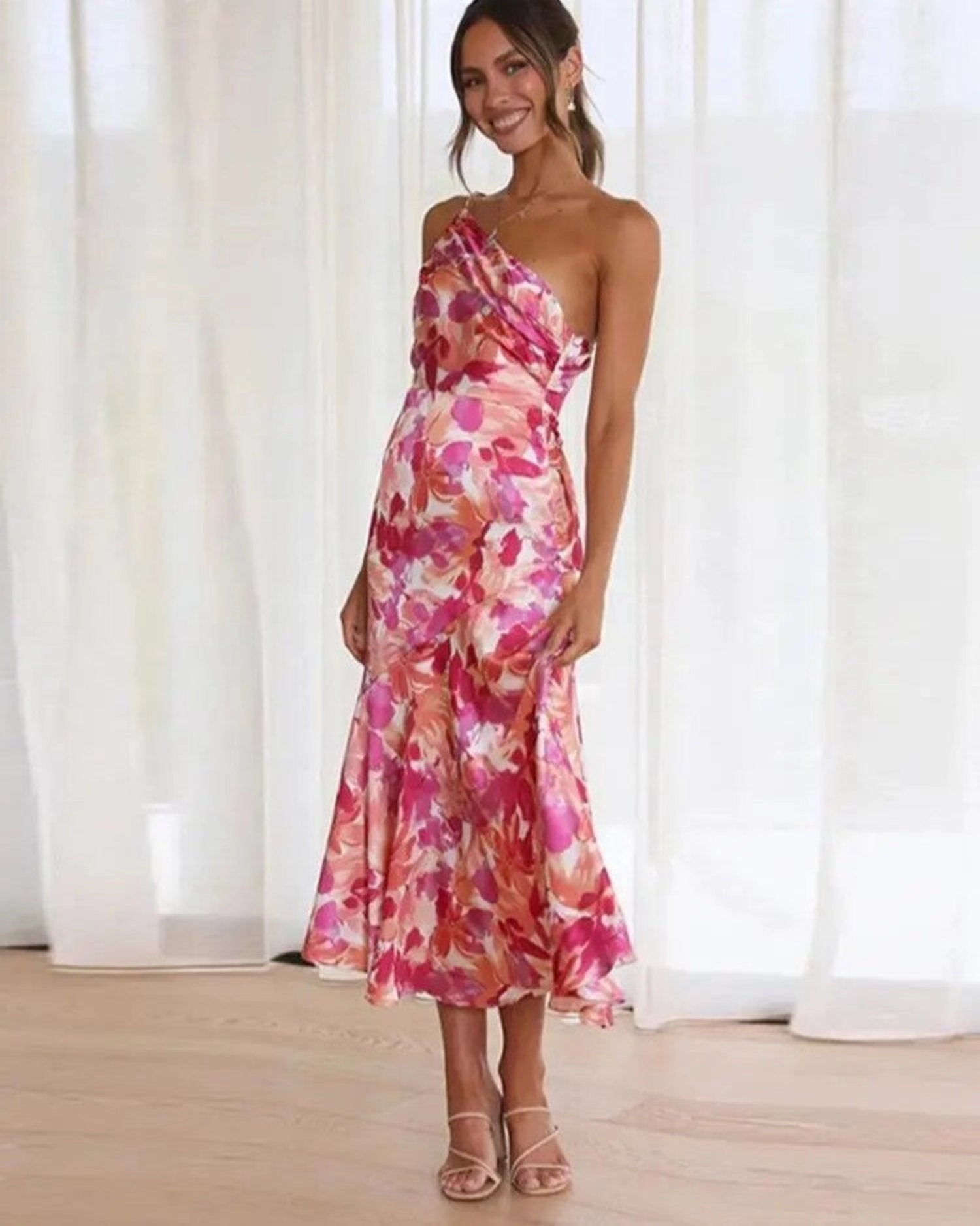 Chic Off-Center Floral Midi Dress - Luxivelle