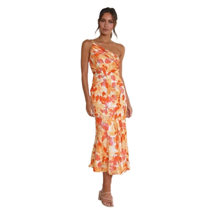 A woman wearing a one-shoulder orange floral midi dress, perfect for elegant summer cocktail events.