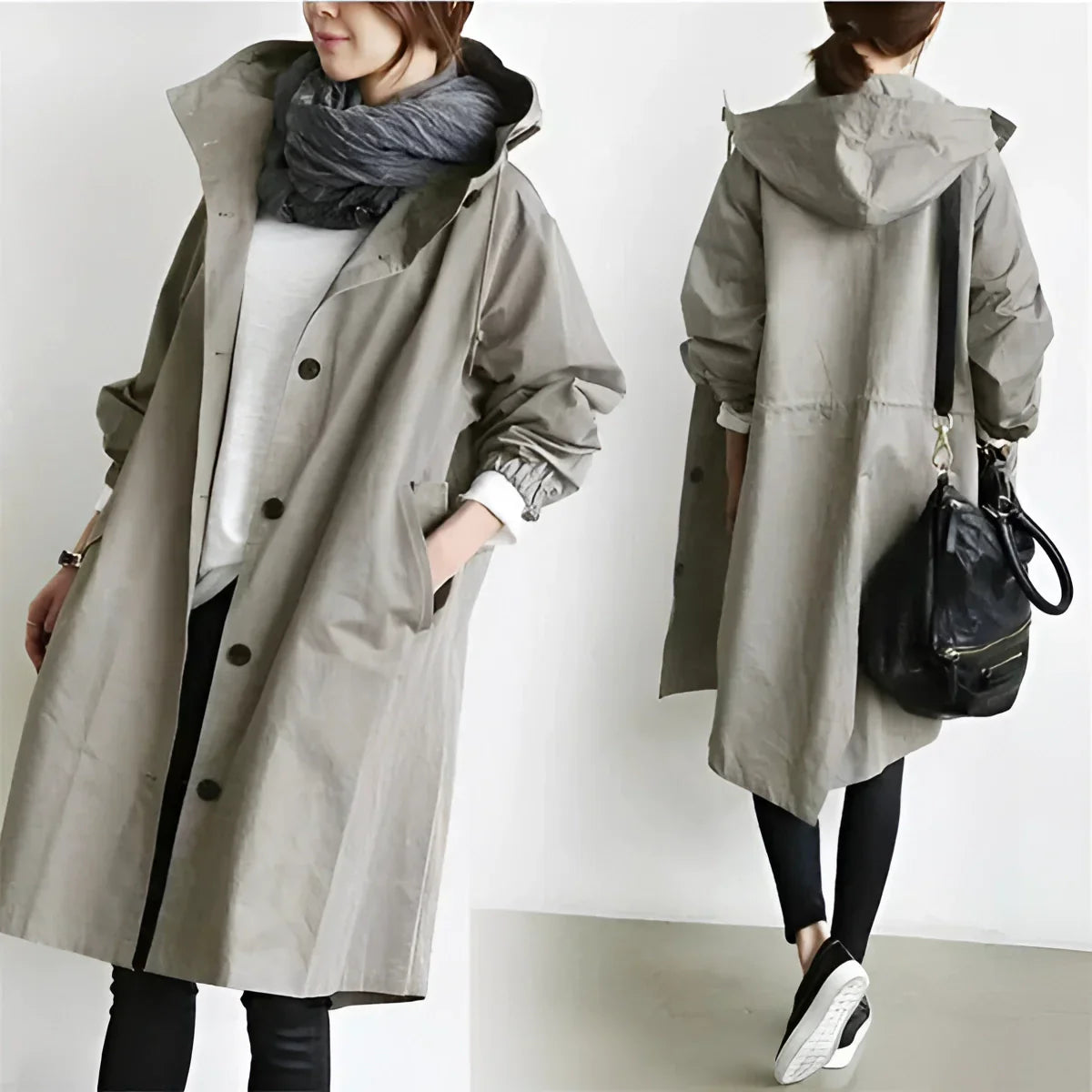 Oversized light blue women's hooded waterproof raincoat in 5XL with long sleeves and a high collar, perfect for an urban chic look.