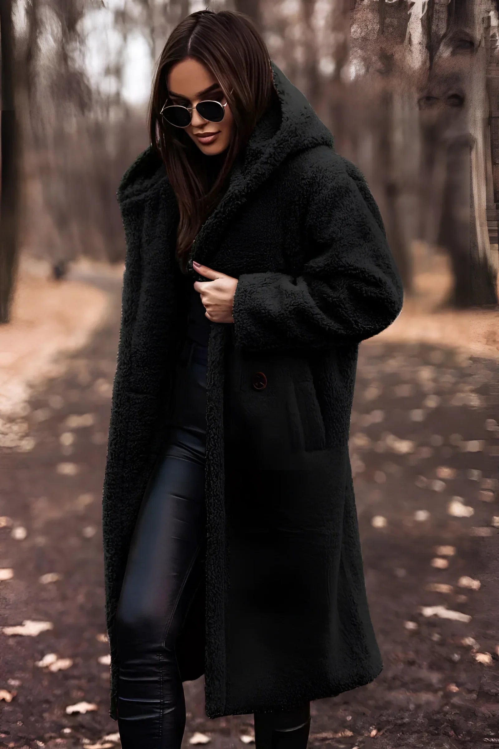 Woman wearing a long beige oversized faux fur winter coat, with glasses, red XL size