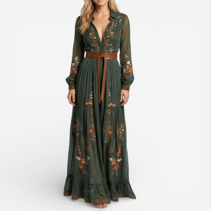 Ladies Elegant Floor Length Dress With Waist Belt - Luxivelle