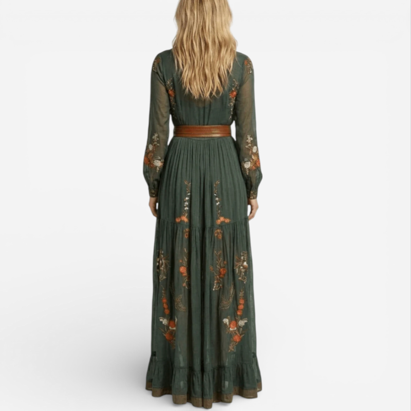Ladies Elegant Floor Length Dress With Waist Belt