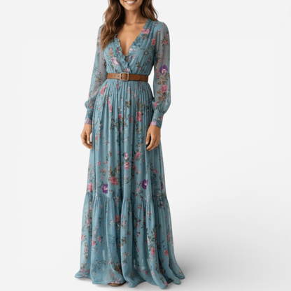 Ladies Elegant Floor Length Dress With Waist Belt