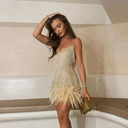 Chic Feather Trim Mini Dress