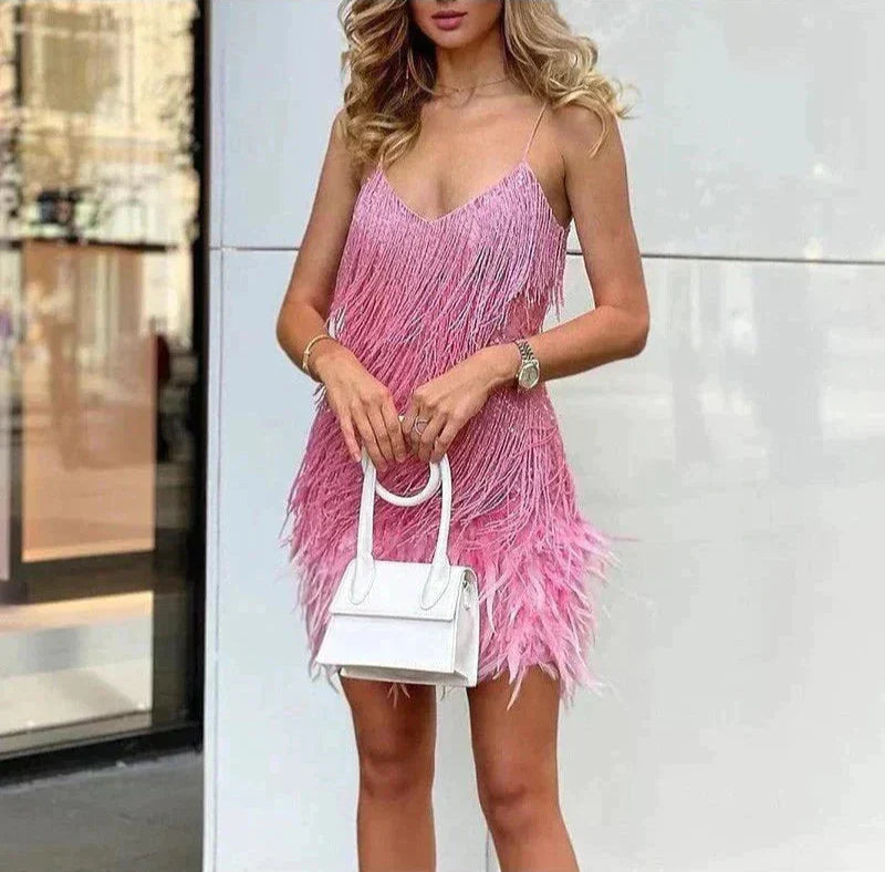 Chic Feather Trim Mini Dress