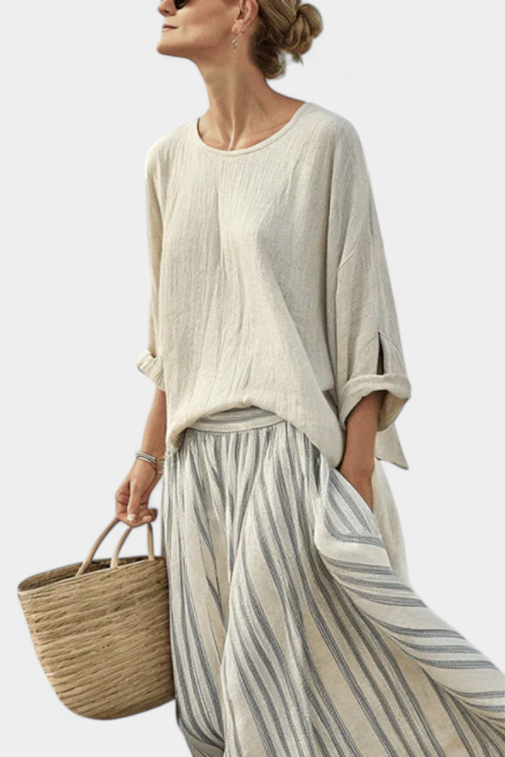 Bamboo Linen Blouse & Striped Midi Skirt Set | Women's Fashion 1
