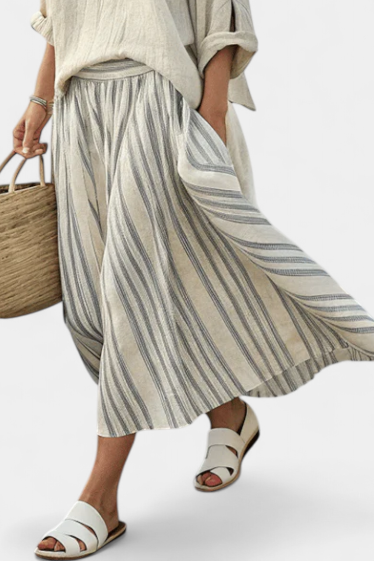 Bamboo Linen Blouse & Striped Midi Skirt Set | Women's Fashion 2