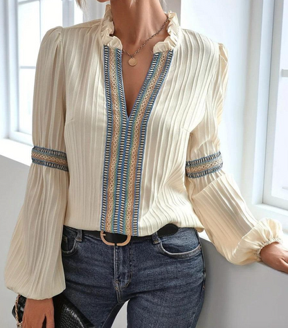 Feminine Ruffled Neck Women's Long Sleeve Top - Luxivelle