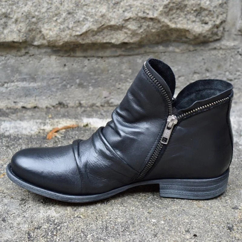 Elegant Ruffle Leather Ankle Boots for Women - Luxivelle