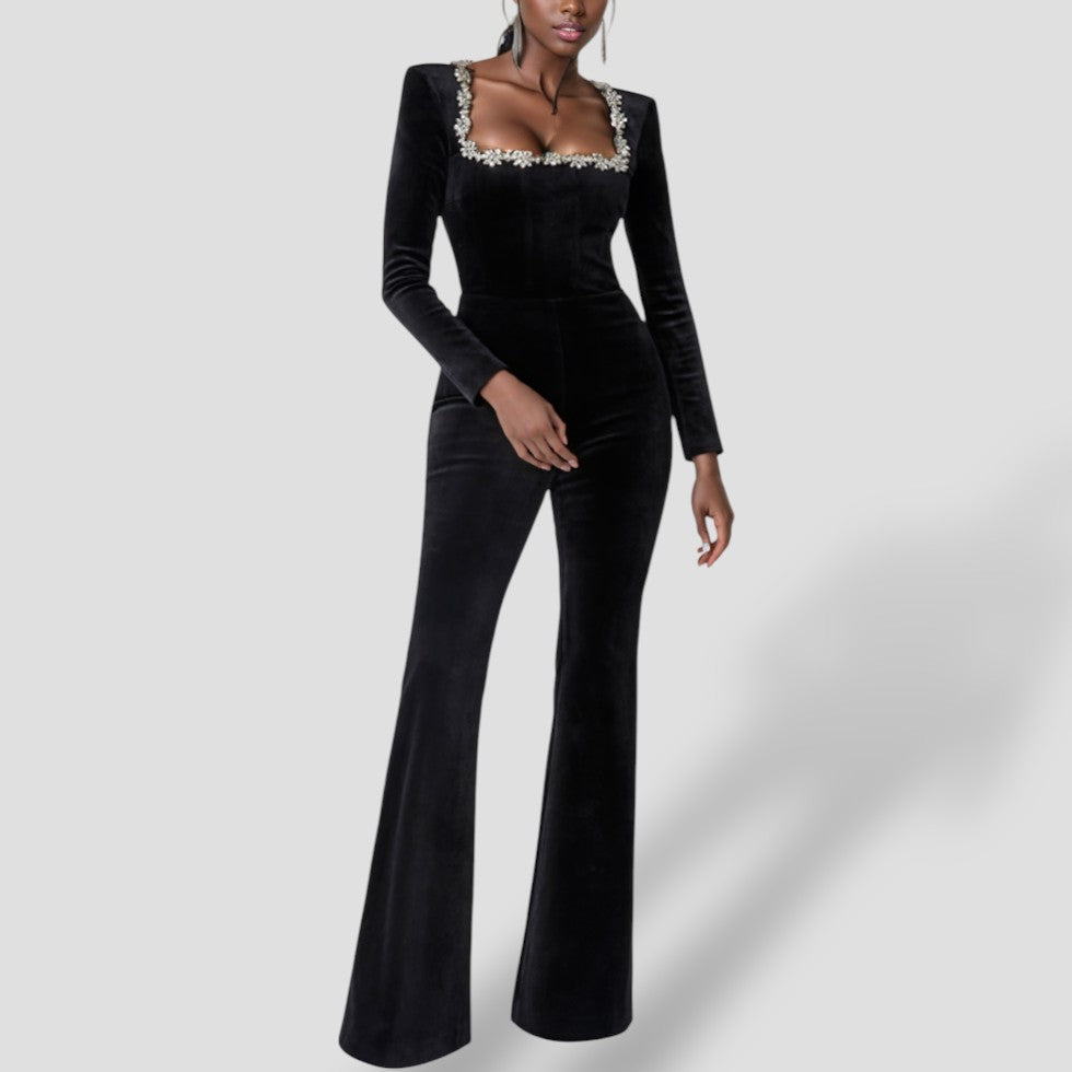 Black Jumpsuit with long sleeves and floral detail 0