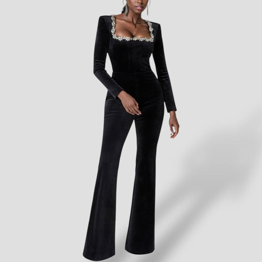 Black Jumpsuit with long sleeves and floral detail 0