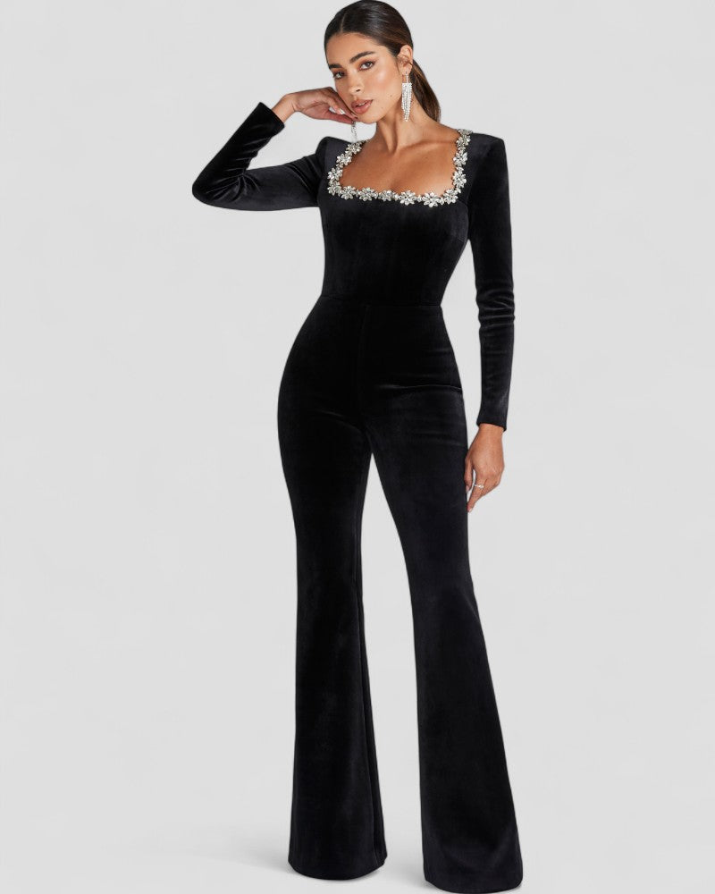 Black Jumpsuit with long sleeves and floral detail 1