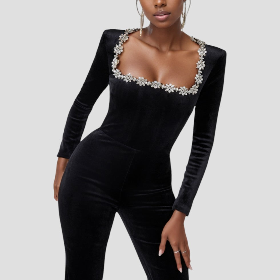 Black Jumpsuit with long sleeves and floral detail 5