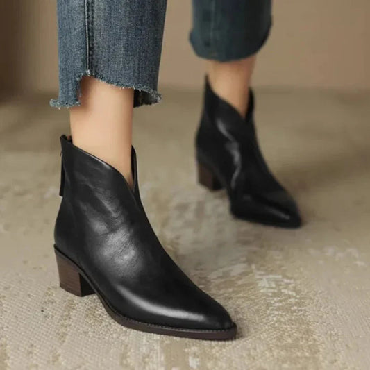 Trendy Pointed Toe Leather Ankle Boots - Luxivelle