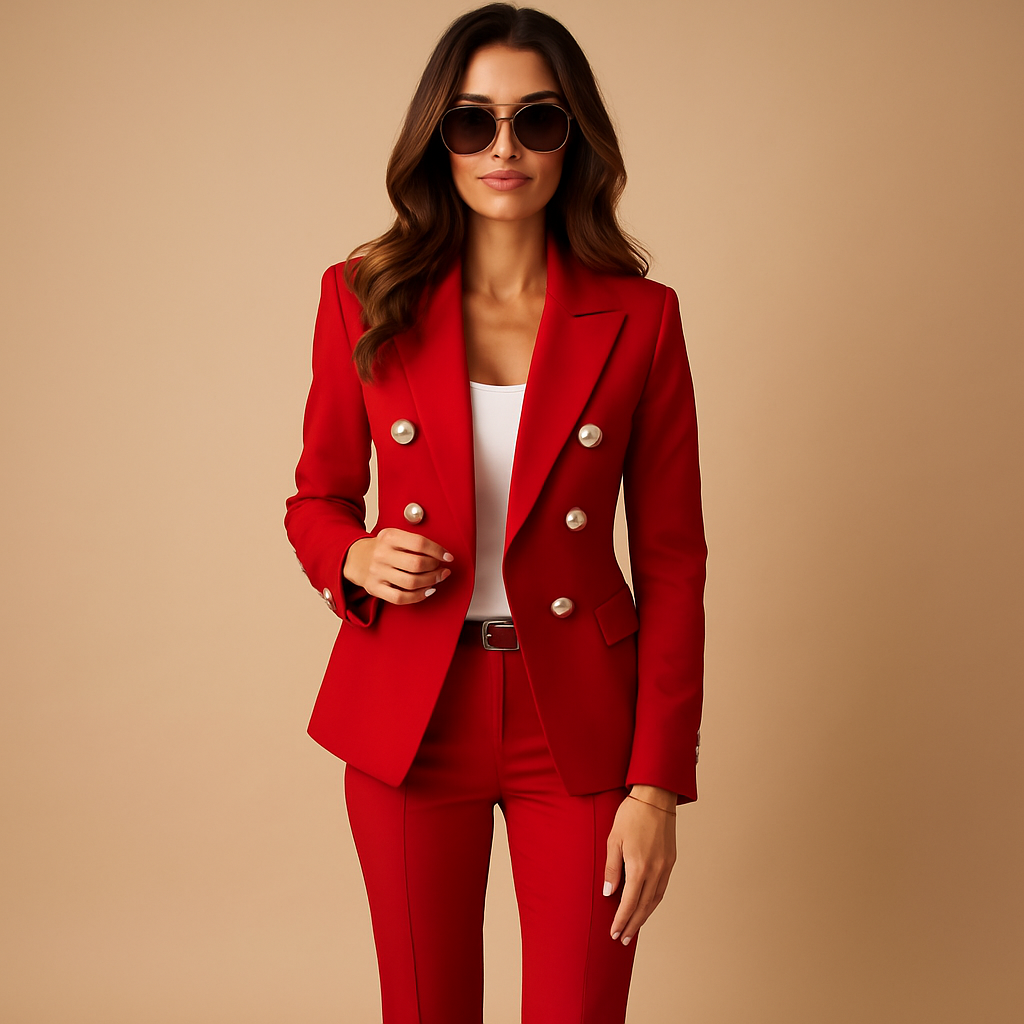 Women’s formal suit set with tailored blazer and trousers in black, red, and blue, perfect for office, business, or elegant occasions