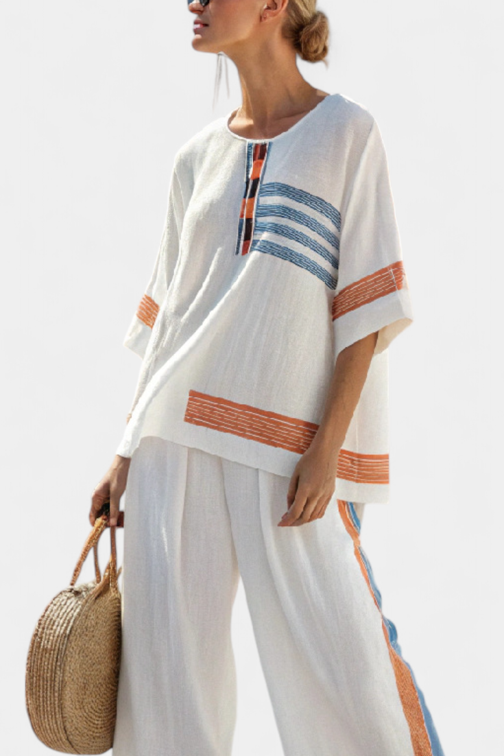 Blue-Orange Striped Top and Pants Set | Women's Outfit 2
