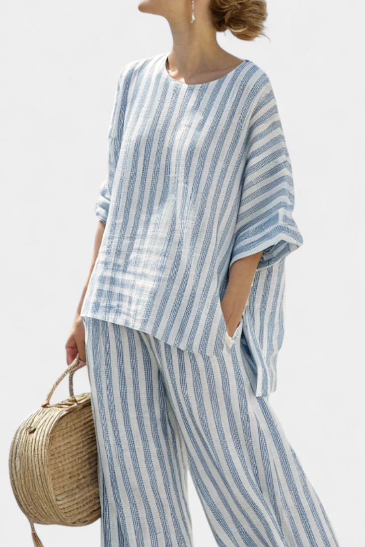 Blue Striped Linen Top and Relaxed Pants Set | Women's Outfit 2