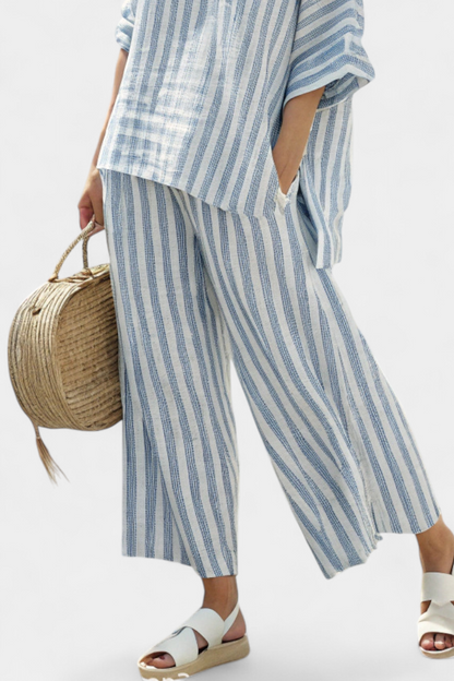 Blue Striped Linen Top and Relaxed Pants Set | Women's Outfit 3