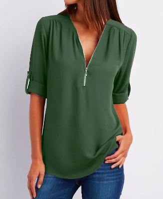 Ladies' Zip Front Casual Blouse Shirt - Luxivelle