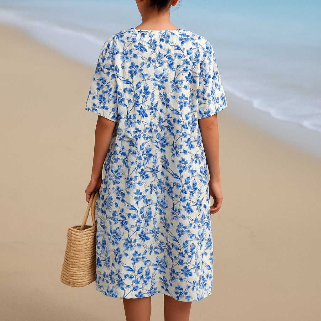 Elegant White Dress with Delicate Blue Flowers