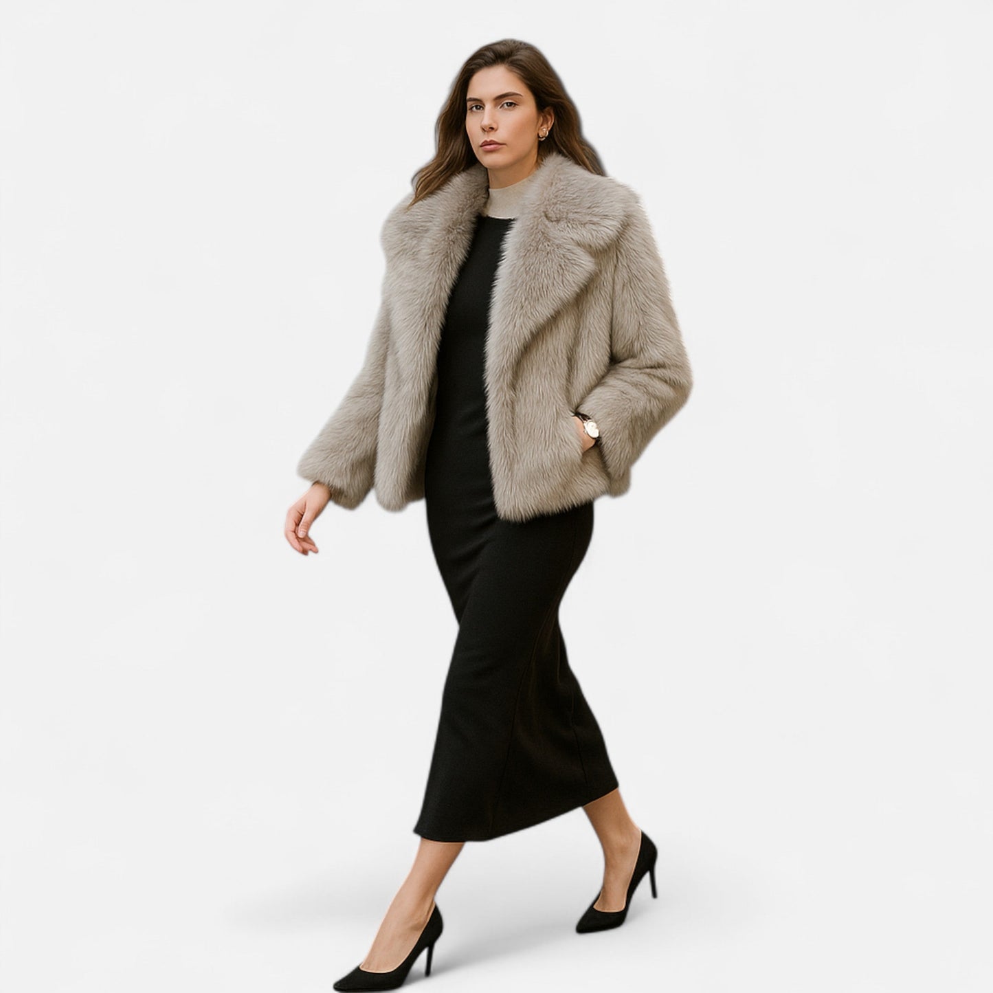 Short Puffer Winter Coat for Women with Faux Fur Collar
