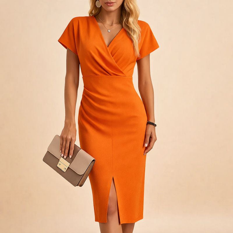 Elegant V Neck Knee Length Dress with Split Front - Luxivelle