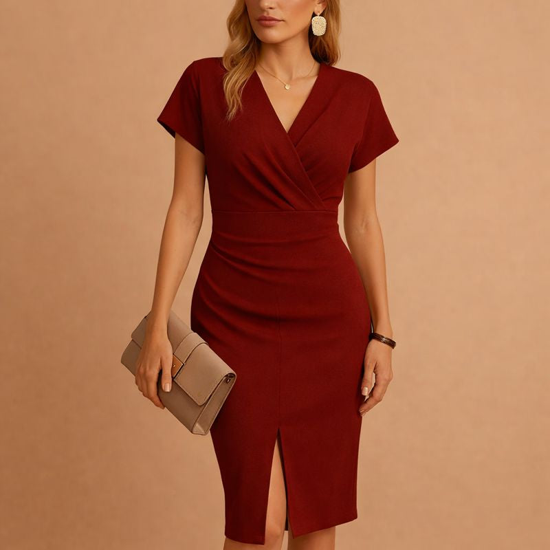 Elegant V Neck Knee Length Dress with Split Front
