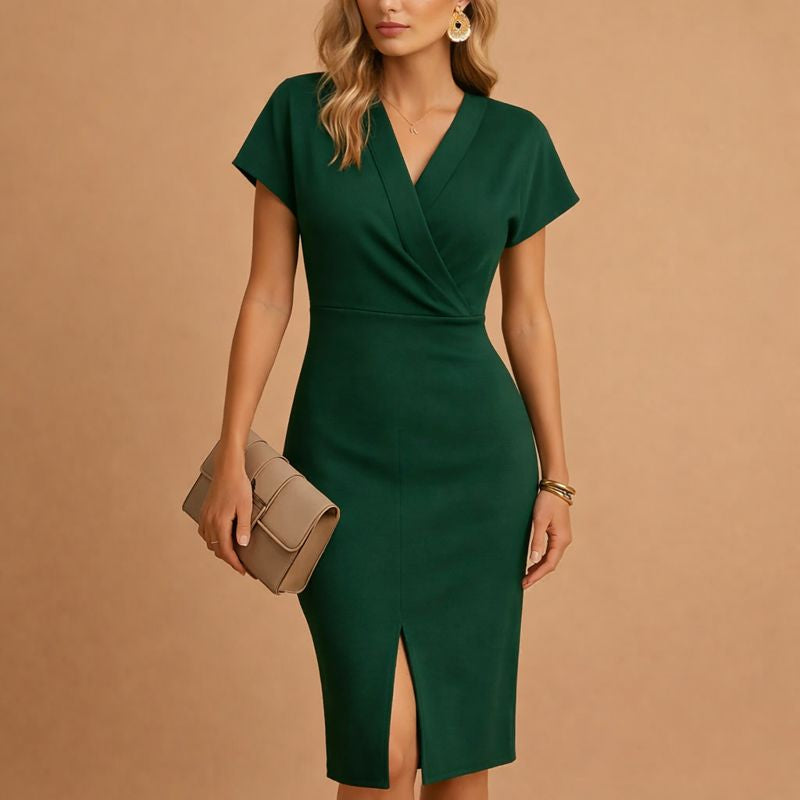 Elegant V Neck Knee Length Dress with Split Front