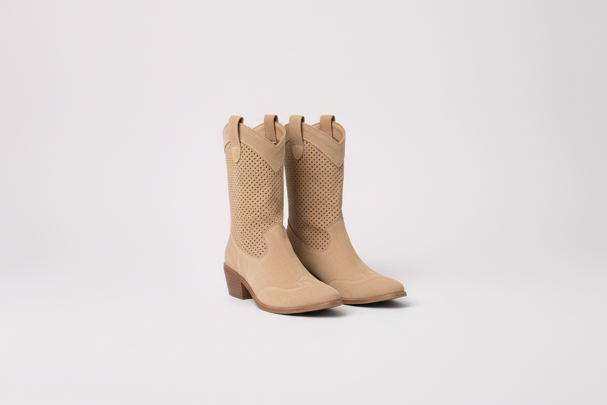 Women's Suede Ankle Cowboy Boots with Holes - Luxivelle