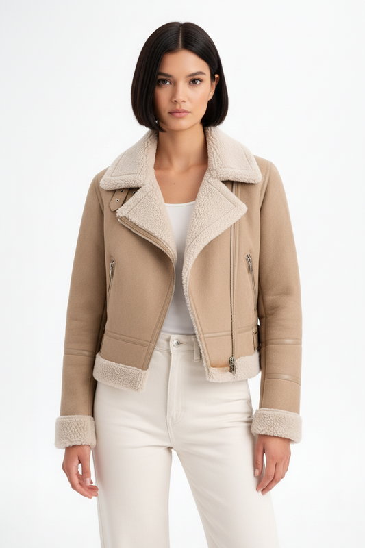 Warm Faux Leather Biker Jacket with Fake Fur Trim - Luxivelle