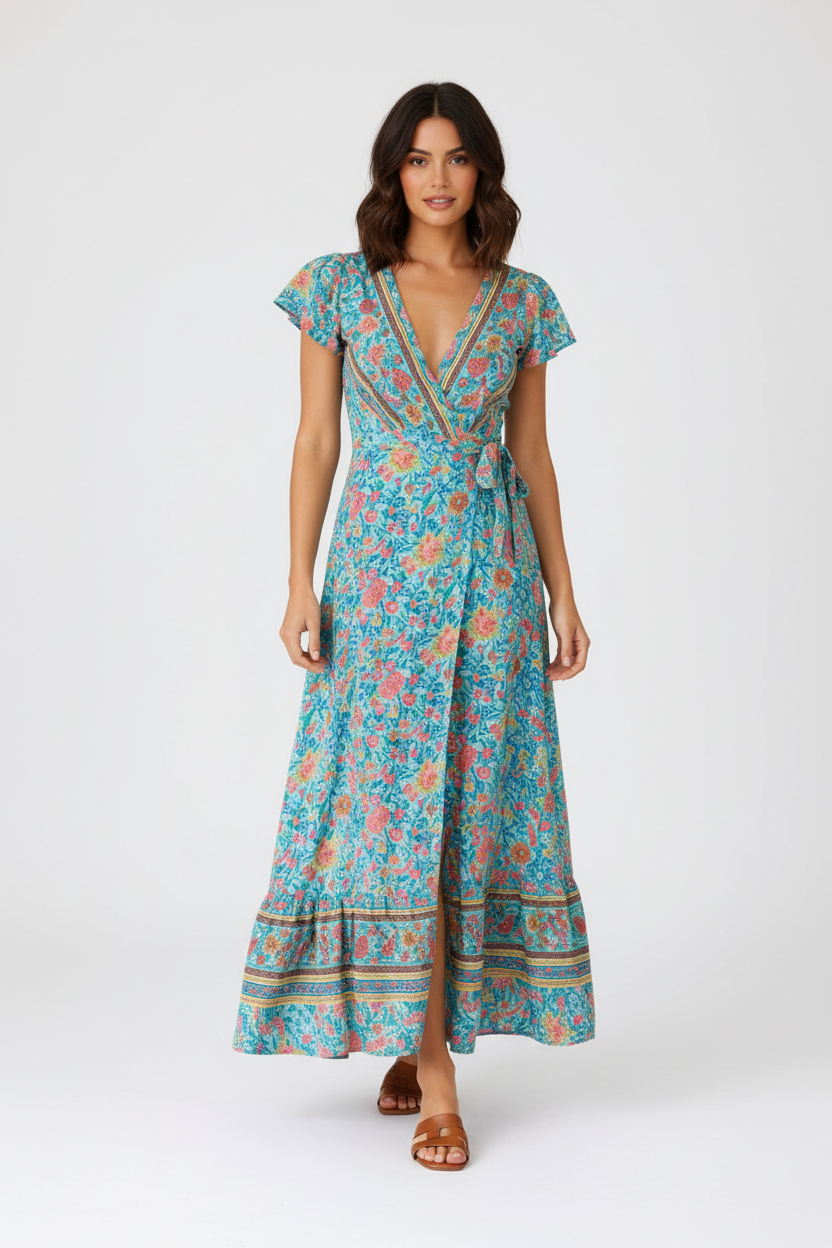 Navy Floral Maxi Wrap Dress - Luxivelle
