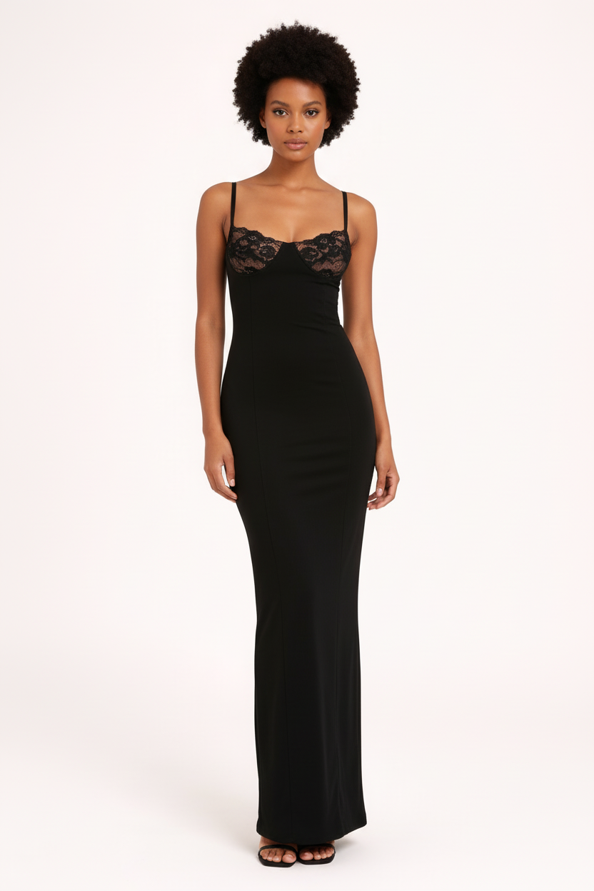 Elegant Black Floral Floor Length Evening Dress - Luxivelle