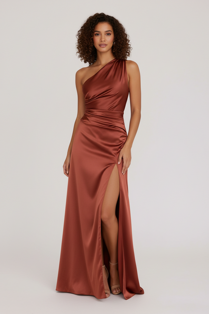Elegant Satin Off Shoulder Maxi Dress with High Slit - Luxivelle