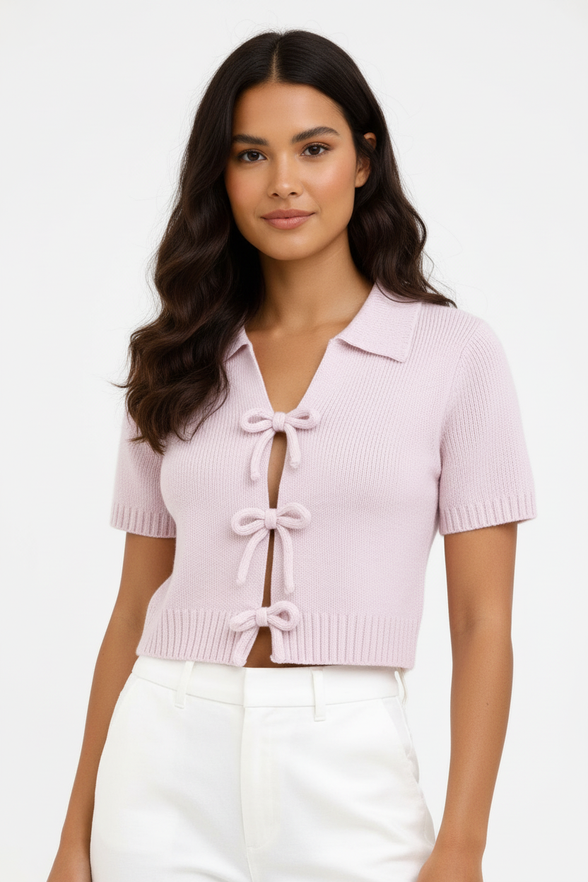 Cute Knit Short Sleeve Blouse with Bow Tie - Luxivelle