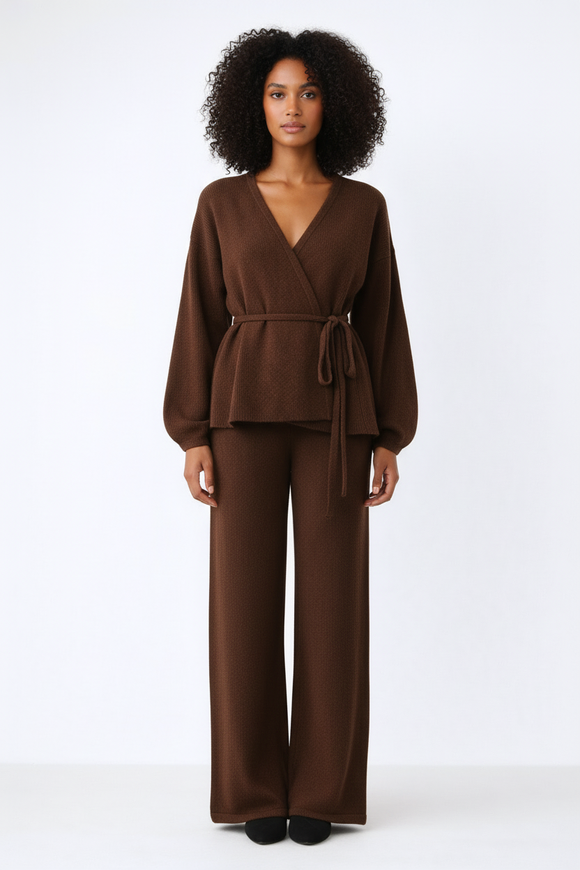 Cozy Knit Sweater Pants Outfit with Waist Belt - Luxivelle