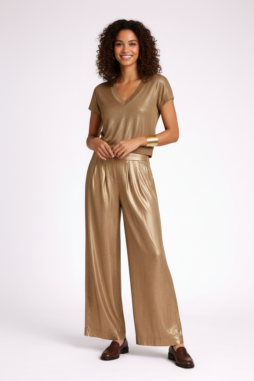 Shiny High Waist Wide Leg Pants - Luxivelle