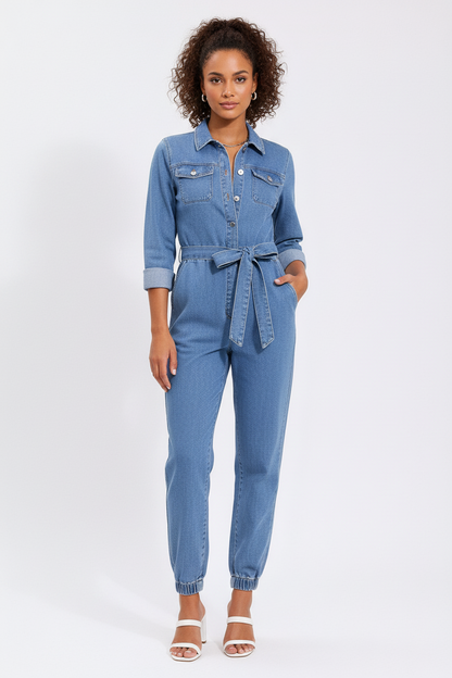 Trendy Blue Jean Work Jumpsuit - Luxivelle