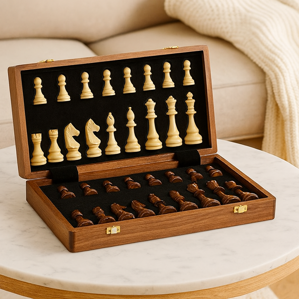 Premium Chess Set - Solid Wood Folding Board with Carved Pieces