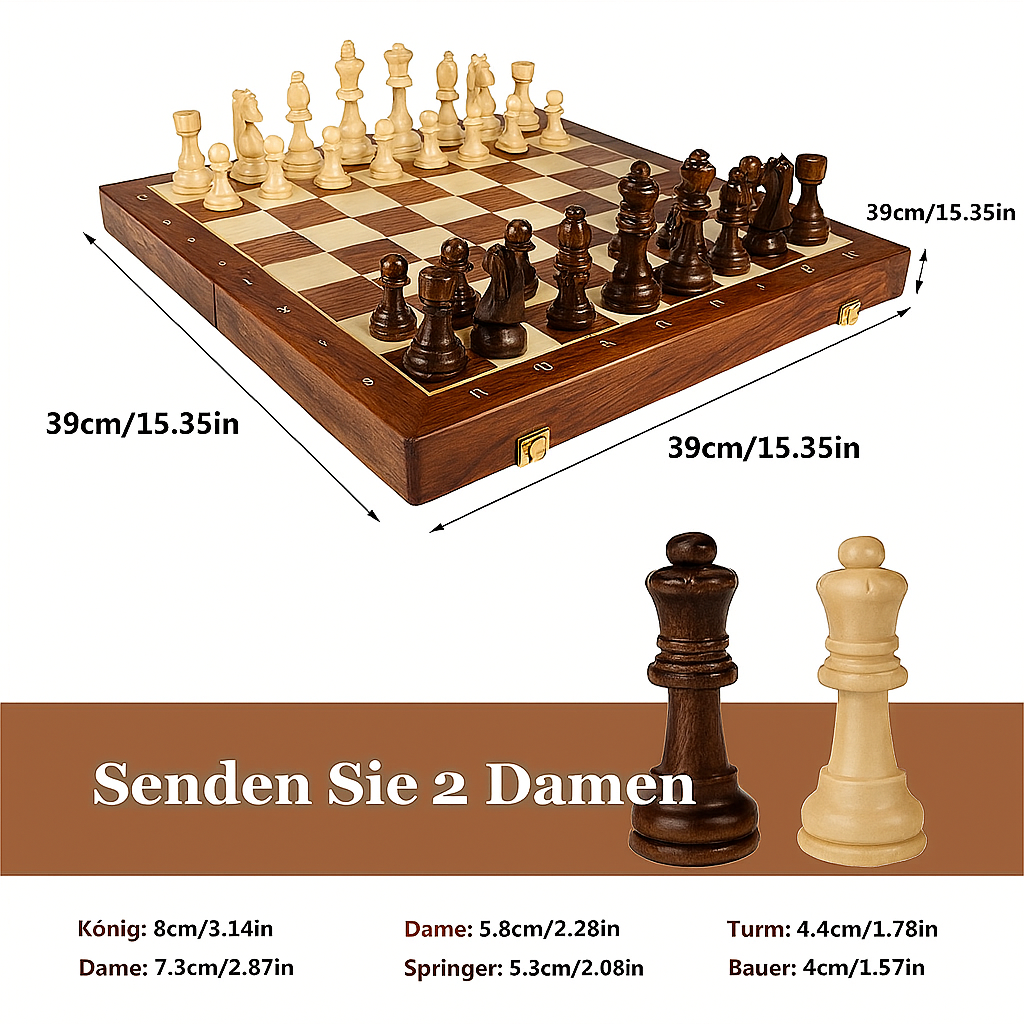 Premium Chess Set - Solid Wood Folding Board with Carved Pieces