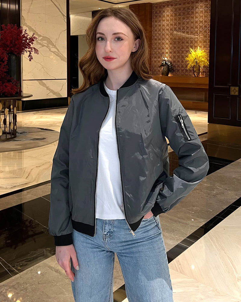 Fashionable Women's Bomber Jacket with Pockets