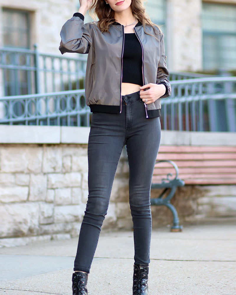 Fashionable Women's Bomber Jacket with Pockets