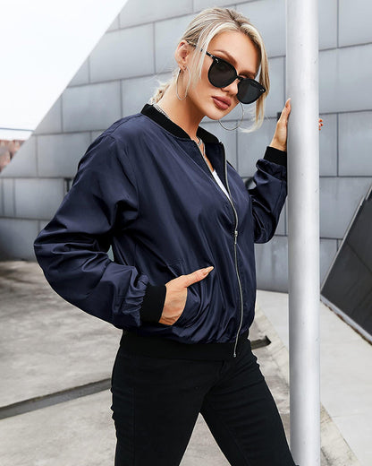 Fashionable Women's Bomber Jacket with Pockets