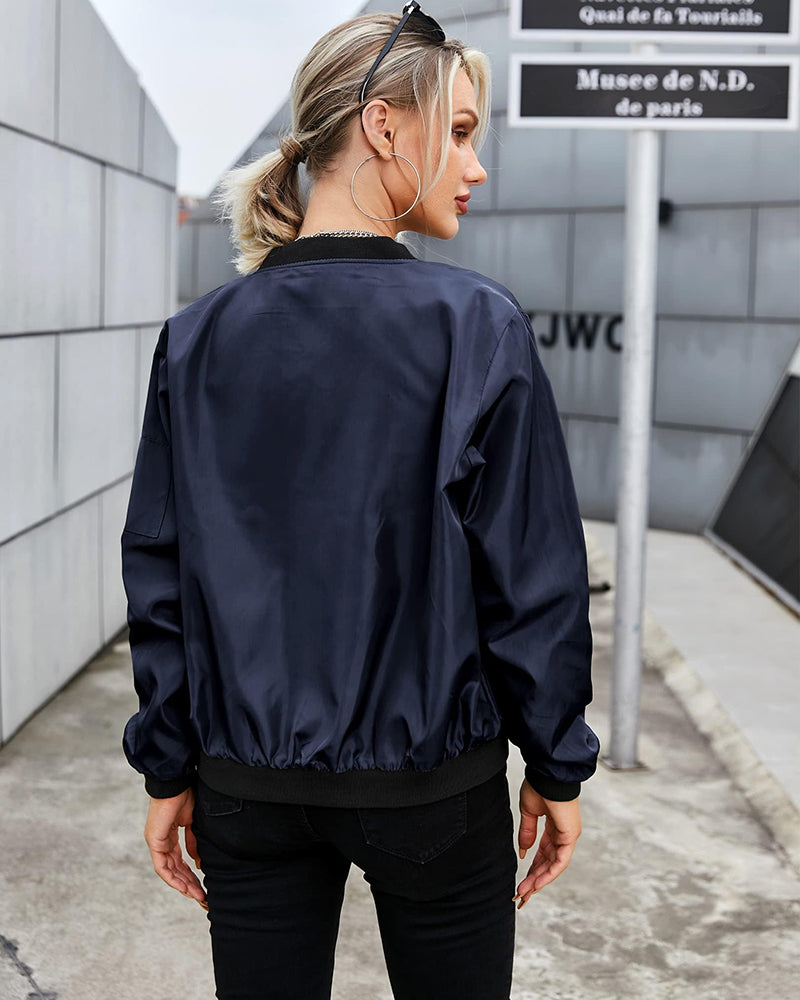Fashionable Women's Bomber Jacket with Pockets