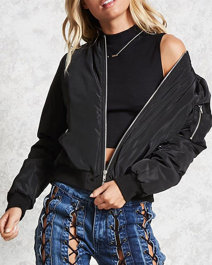 Fashionable Women's Bomber Jacket with Pockets - Luxivelle
