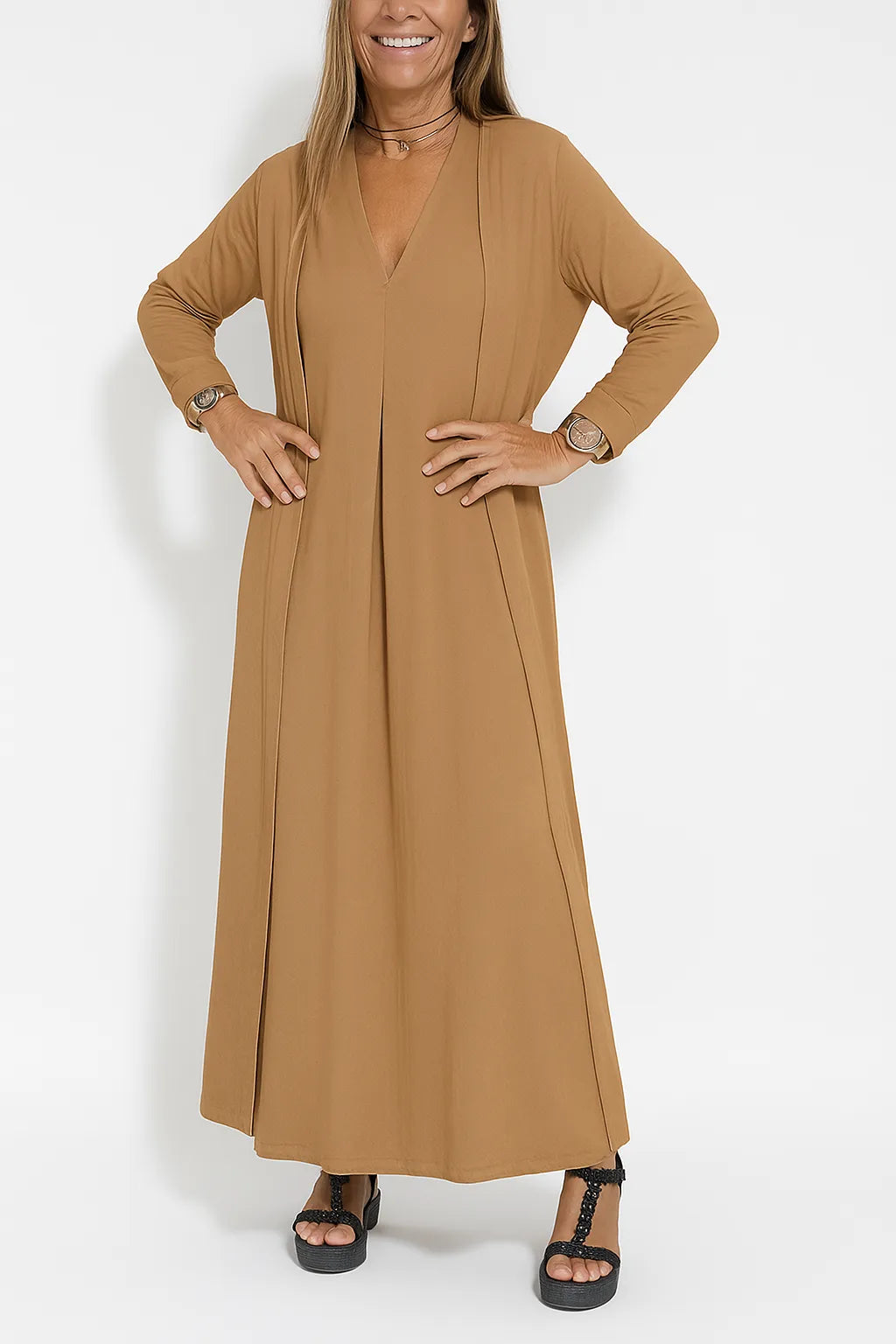 Classic Long Dress with Coordinating Cardigan